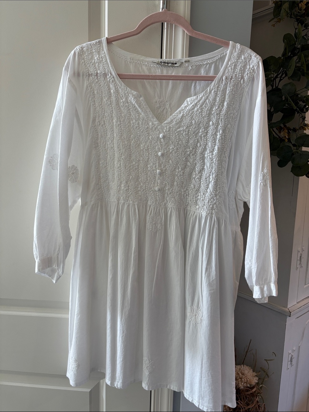 White Embroidered V-Neck Women’s Swim Coverup Tunic